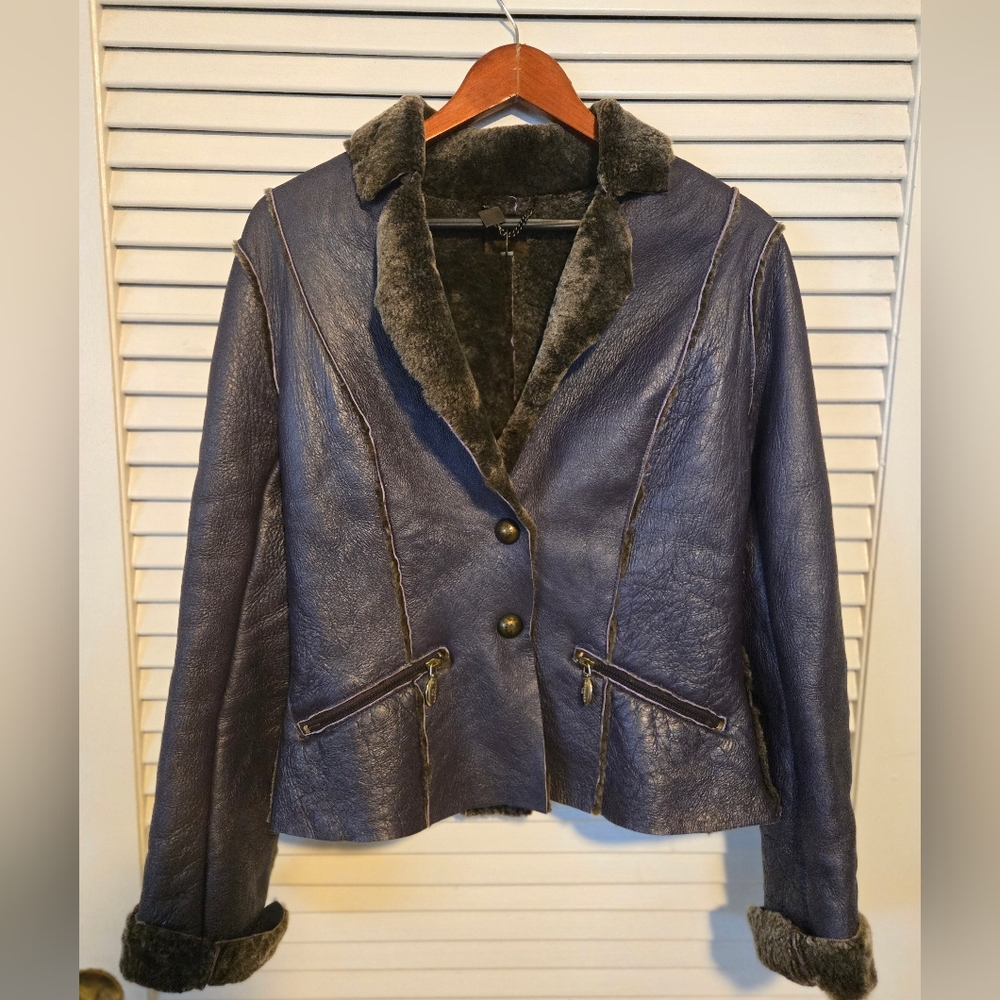 GIL SANTUCCI Geniun Leather Sheepskin Purple Forever Fur Jacket Size S/ 42 Italy